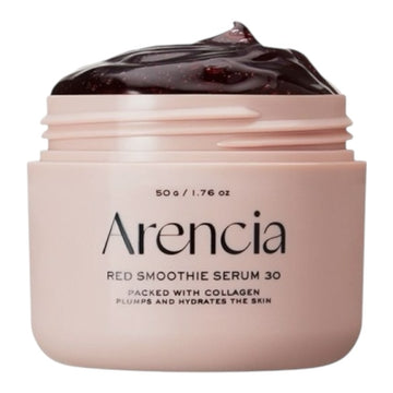 Arencia Red Smoothie Serum 30 jar with dark red smoothie on a white background