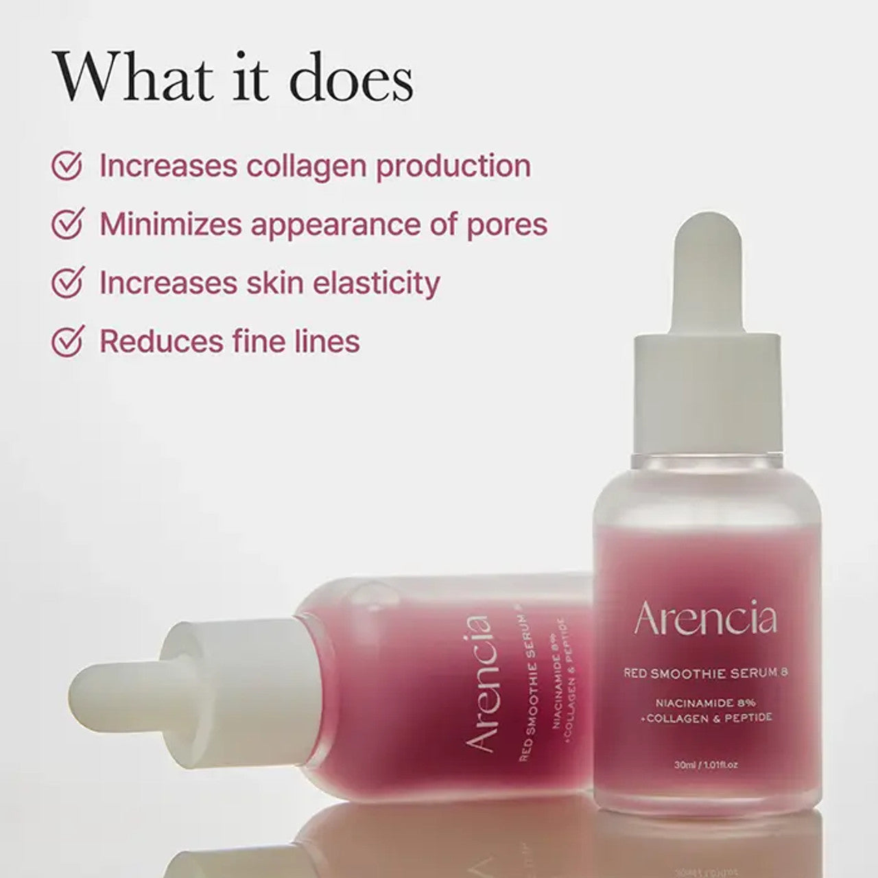 Arencia red smoothie serum bottles with text highlighting benefits on a light gray background