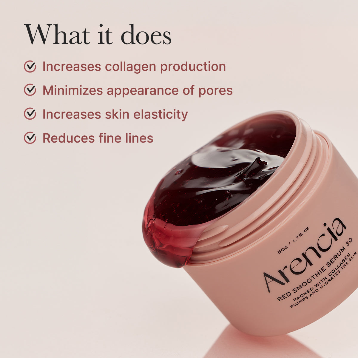 Arencia red smoothie serum jar with text listing benefits on a beige background