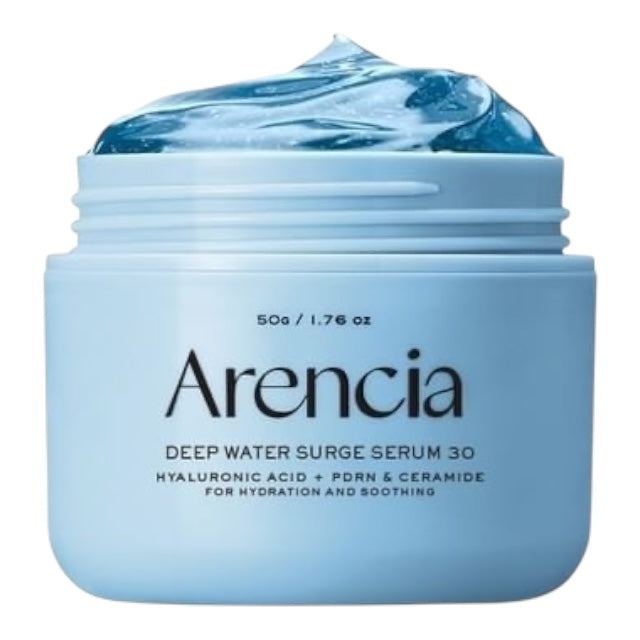 Blue jar of Arencia Deep Water Surge Serum 30 on a white background
