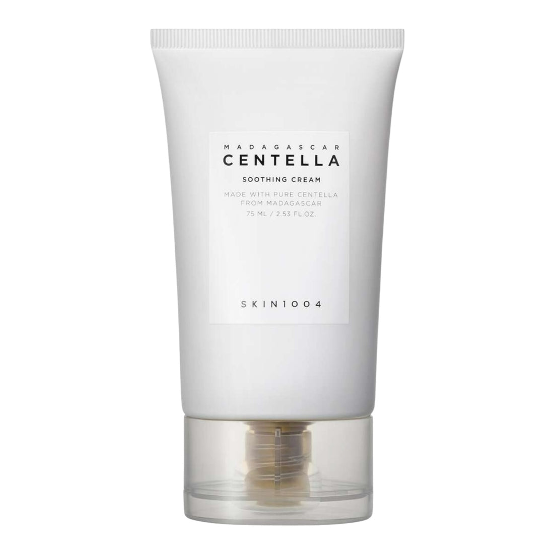 Skincare tube labeled 'Madagascar Centella Soothing Cream' by 'SKIN1004' on a white background